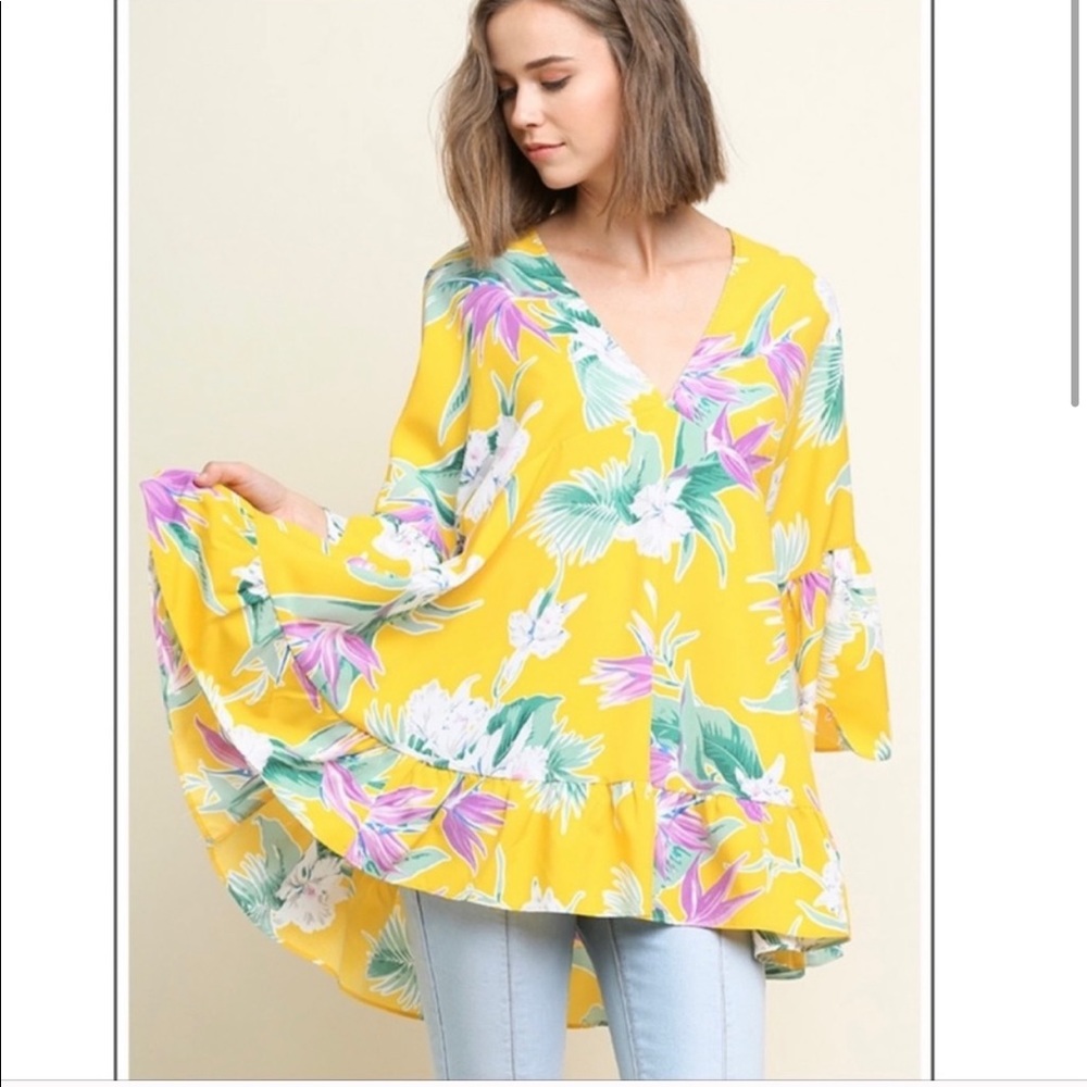 Umgee Yellow Tropical Babydoll Top